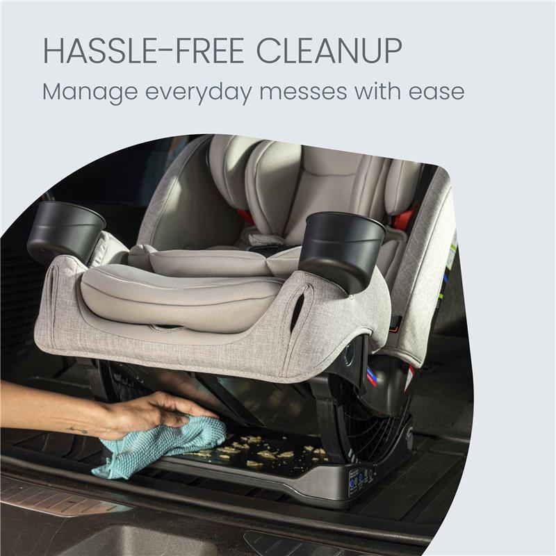 Britax One4Life Slim All-in-One Car Seat in Sea Foam, featuring easy cleanup with a hand wiping crumbs from the base.