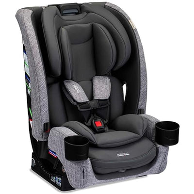 Britax One4life Slim All-In-One Car Seat in Mineral Gray, featuring a modern design, adjustable harness, and cup holders.