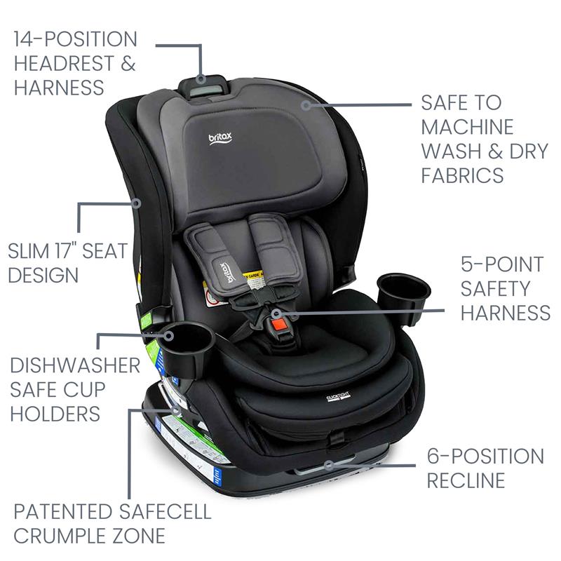 Britax Poplar Convertible Car Seat in Stone Onyx, featuring a 14-position headrest, 5-point harness, and two cup holders.