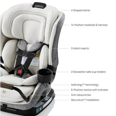 Romer Veni Convertible Car Seat in Pearl color featuring adjustable headrest, harness, cup holders, and safety technology details.