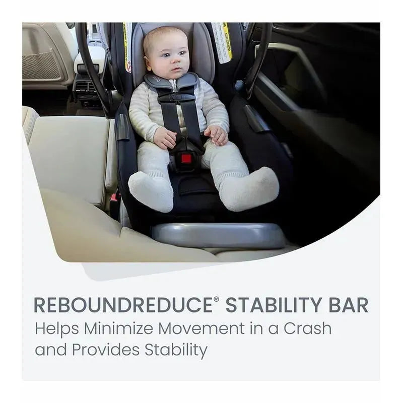 Baby seated in a Britax car seat with a ReboundReduce® Stability Bar for enhanced safety during car travel.