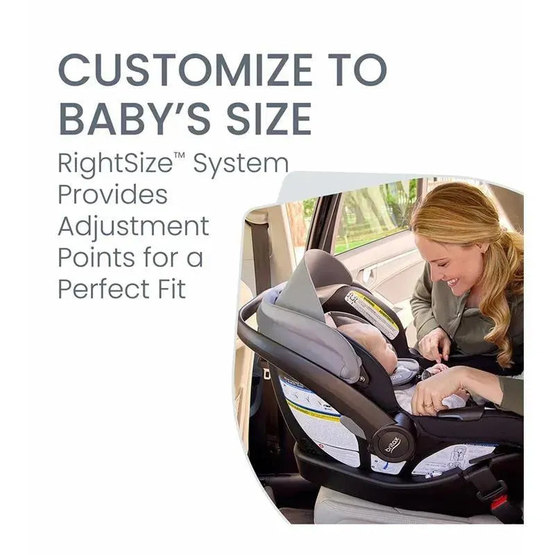 A woman adjusts a Britax car seat with Alpine Anti-Rebound Base, showing the RightSize System for a customized fit for a baby.