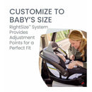 A woman adjusts a Britax car seat with Alpine Anti-Rebound Base, showing the RightSize System for a customized fit for a baby.