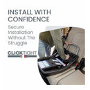 A person is securing the Britax ClickTight car seat base in a vehicle, emphasizing easy installation with highlighted text instructions.