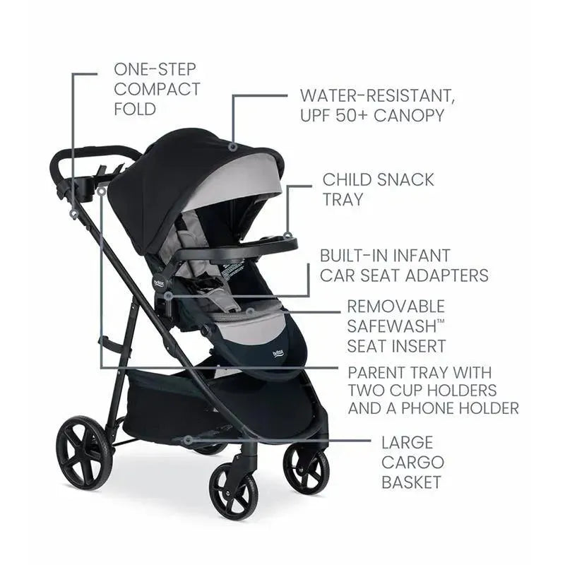 Britax Willow Brook S+ Travel System features a graphite onyx stroller with a canopy, snack tray, and large cargo basket.