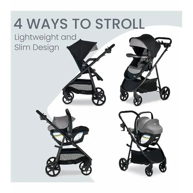 Britax Willow Brook S+ Travel System featuring four stroller configurations, lightweight design, and Alpine Anti-Rebound Base in Graphite Onyx.