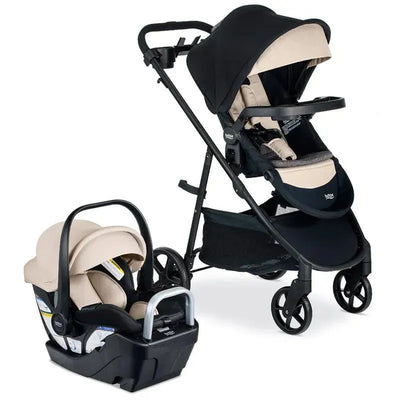 Britax Willow Brook S travel system in Sand Onyx, featuring a stroller and an infant car seat with anti-rebound base.