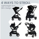 Britax Willow Brook S+ Travel System features a lightweight stroller and infant car seat in Raven Black, showcasing four configurations.
