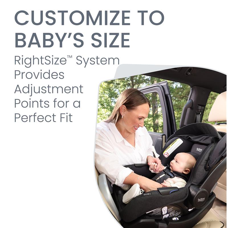 A woman adjusts a baby securely in the Britax Willow Brook S+ car seat, emphasizing comfort and safety features.