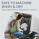 A woman in a green sweater places a car seat insert into a front-loading washing machine, highlighting its machine-washable feature.