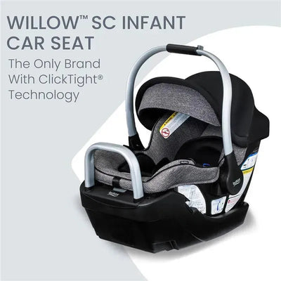 Britax Willow SC Infant Car Seat featuring ClickTight® technology, with a gray fabric and safety labels visible.