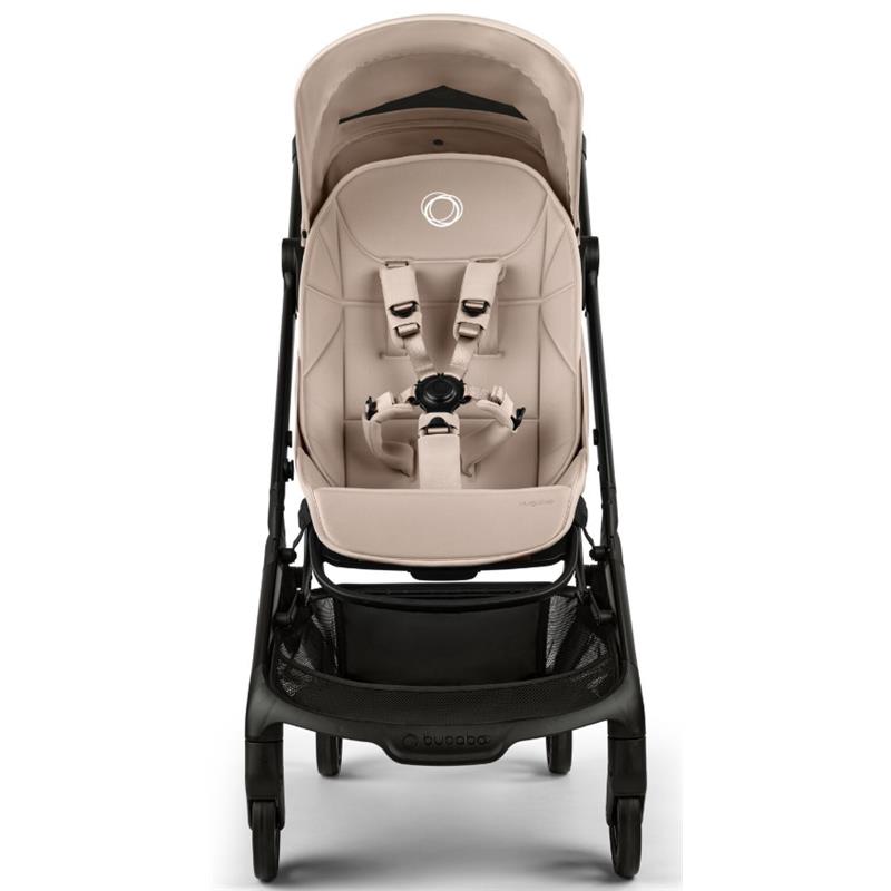 Compact Bugaboo Butterfly 2 stroller in black and desert taupe with a padded seat, safety harness, and storage basket.