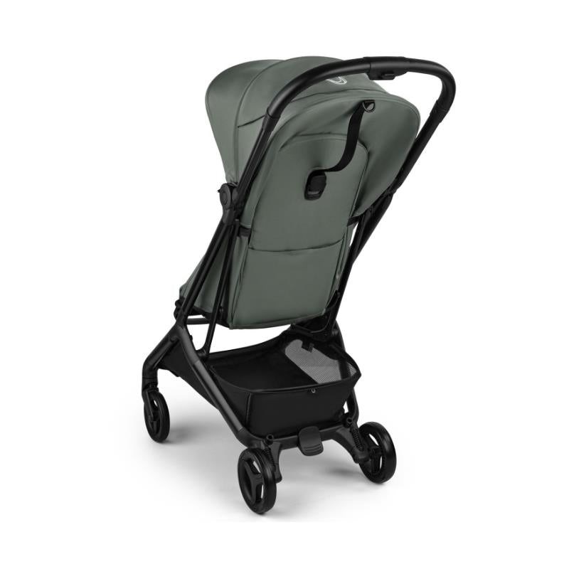 Compact black and forest green Bugaboo Butterfly 2 stroller viewed from behind, showcasing the backrest and storage basket.