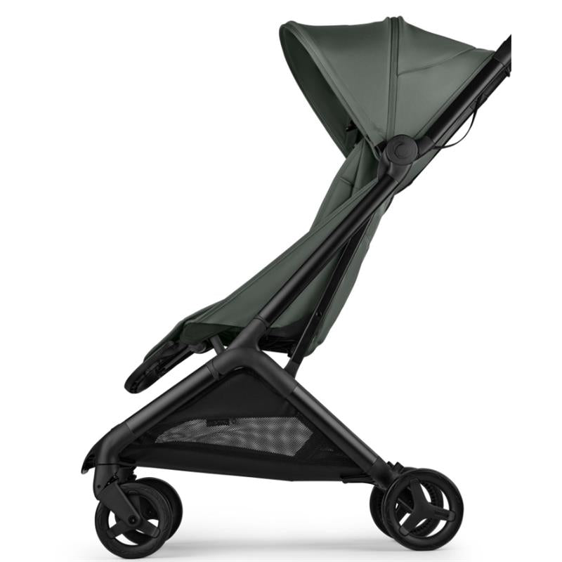 Compact Bugaboo Butterfly 2 stroller in black and forest green, featuring a reclining seat and lightweight frame.