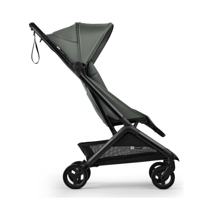 Compact Bugaboo Butterfly 2 stroller in black and forest green, showcasing a sleek design with a large canopy and layered seat.