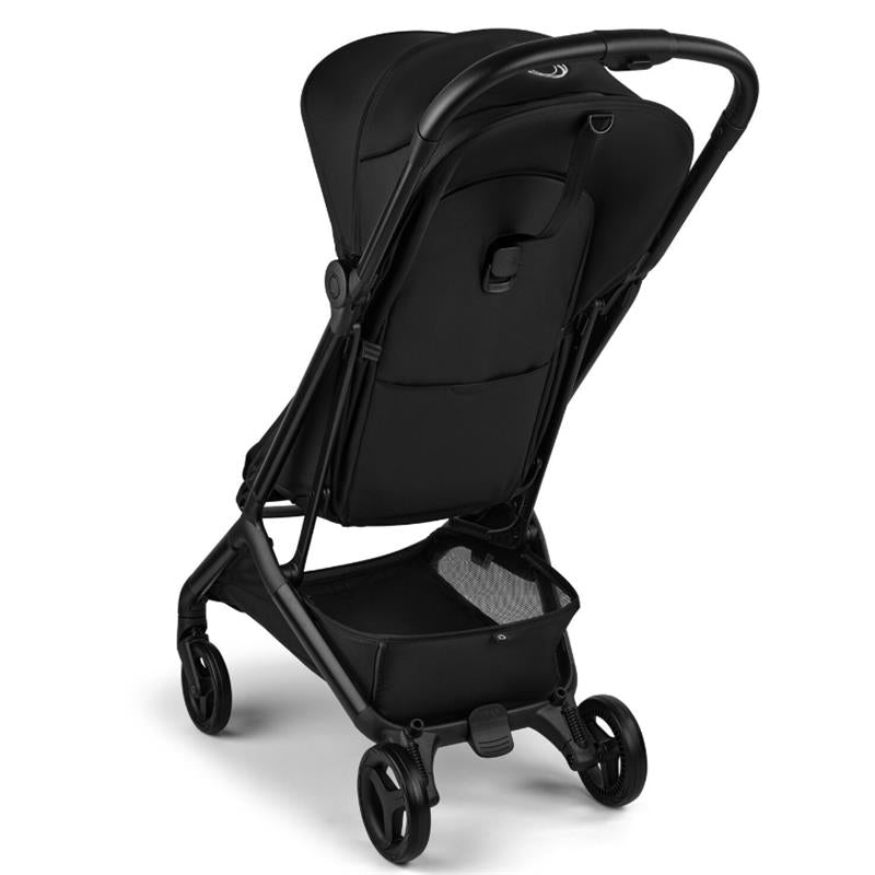 Compact Bugaboo Butterfly 2 stroller in black with a heritage black finish, featuring a spacious storage basket and a sleek design.