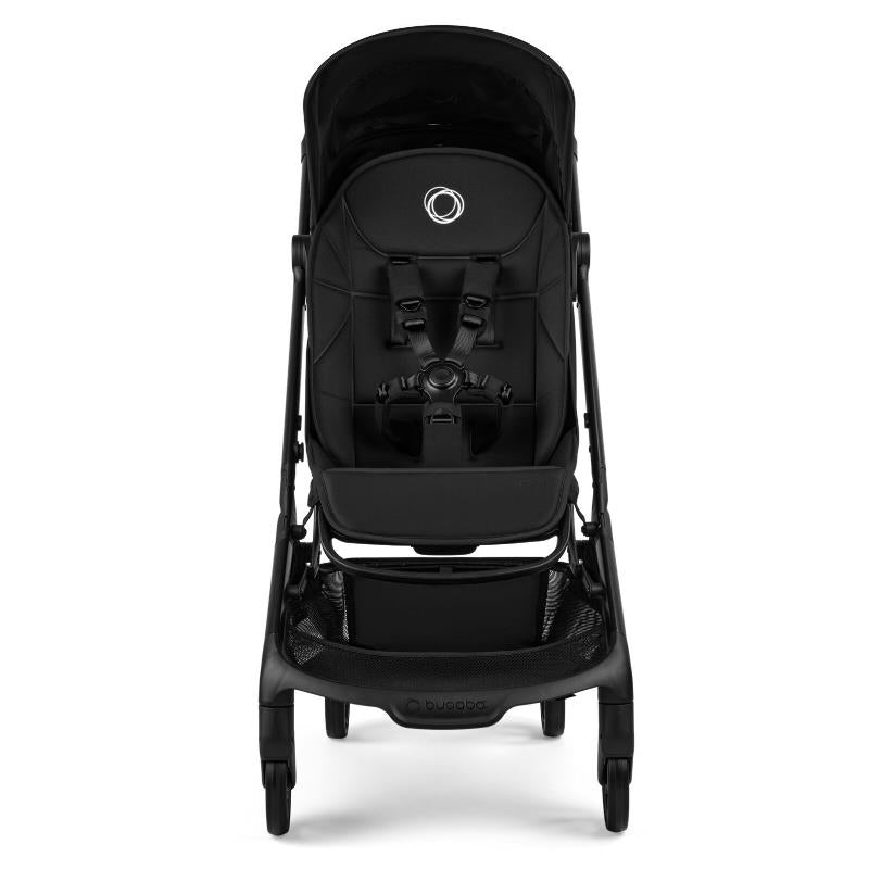 Compact Bugaboo Butterfly 2 stroller in black, featuring a cushioned seat, safety harness, and a lower storage basket.