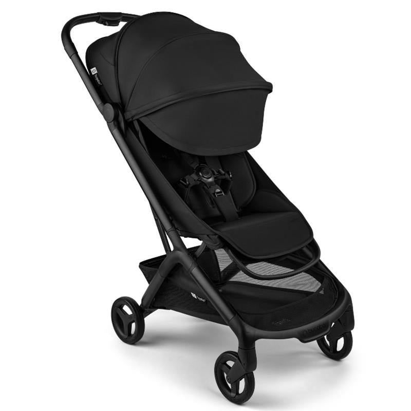 Compact Bugaboo Butterfly 2 stroller in black with a canopy, harness, and a storage basket underneath.