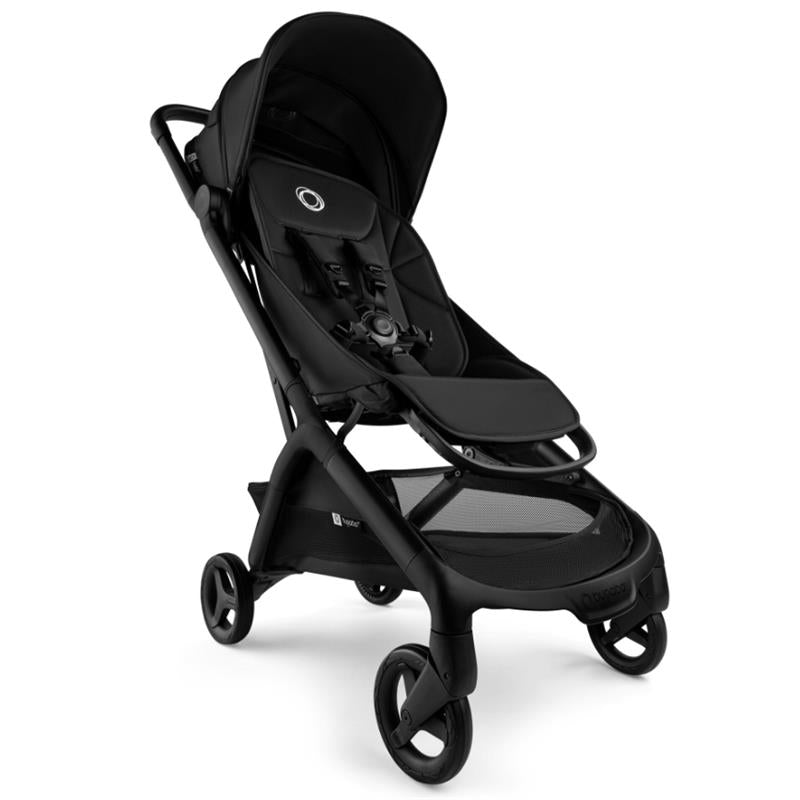 Compact black Bugaboo Butterfly 2 stroller with a padded seat, adjustable canopy, and a mesh storage basket.