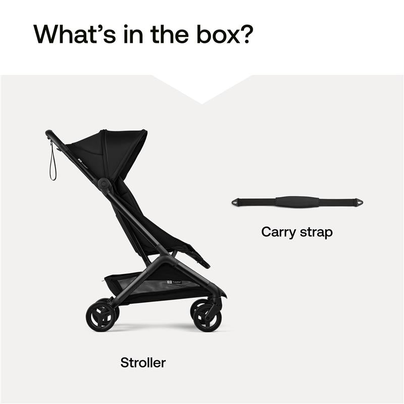 Complete Bugaboo Butterfly 2 stroller in black with a dusty pink canopy, alongside a carry strap, on a light background.