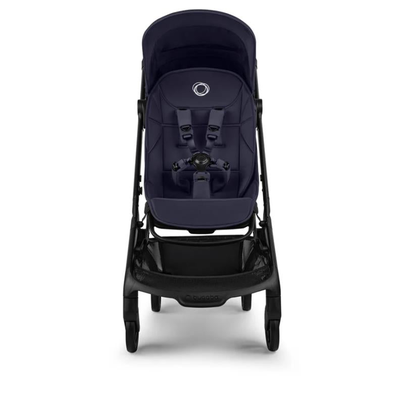 Bugaboo Butterfly 2 Plus Complete Stroller in Deep Indigo, featuring a sleek design and safety harness, front view.
