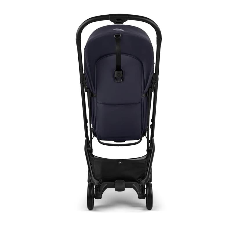 Bugaboo Butterfly 2 Plus Complete Stroller in Deep Indigo, viewed from the back, showcasing its compact design and storage basket.