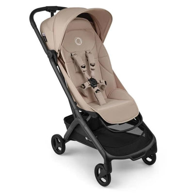 Bugaboo Butterfly 2 Plus Complete Stroller in Desert Taupe, featuring a padded seat, safety harness, and mesh storage.