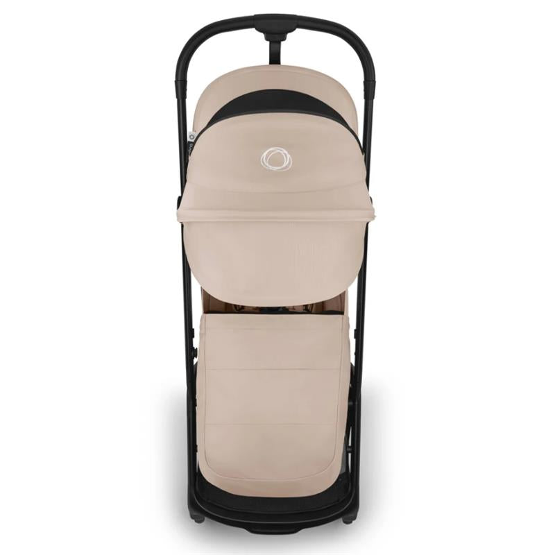 Bugaboo Butterfly 2 Plus Complete Stroller in Desert Taupe, featuring a sleek design with a black frame and foldable seat.