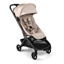 Bugaboo Butterfly 2 Plus Complete Stroller in Desert Taupe, featuring a padded seat with harness, adjustable canopy, and black frame.