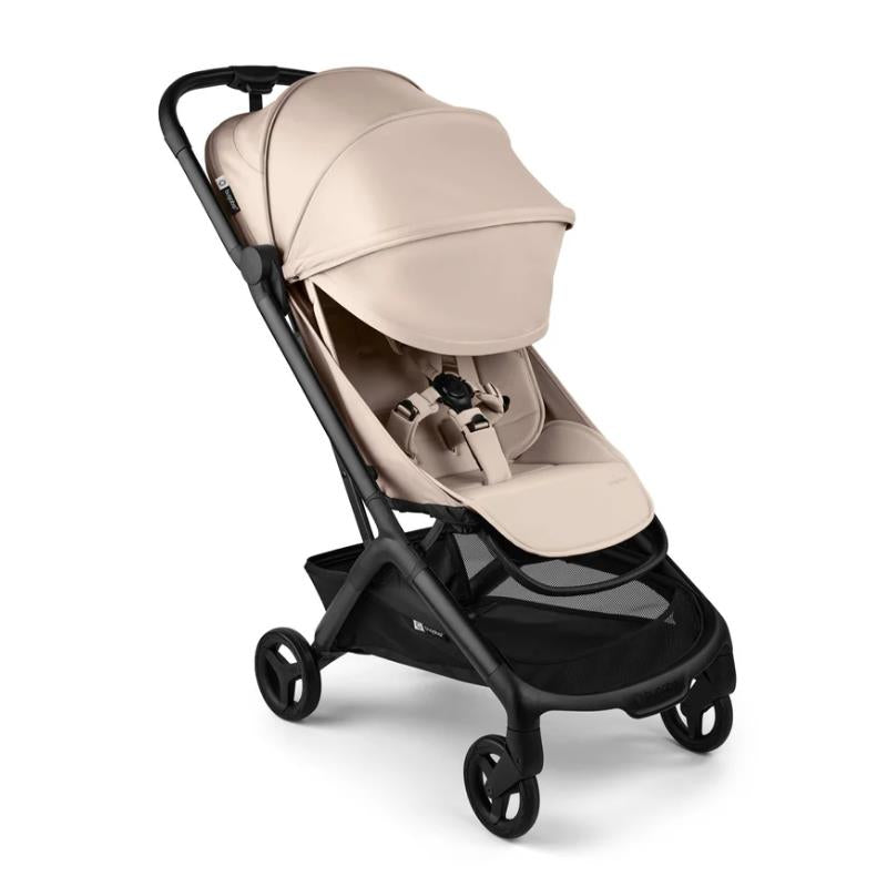 Bugaboo Butterfly 2 Plus Complete Stroller in Desert Taupe, featuring a sleek design, a padded seat, a large canopy, and a storage basket.