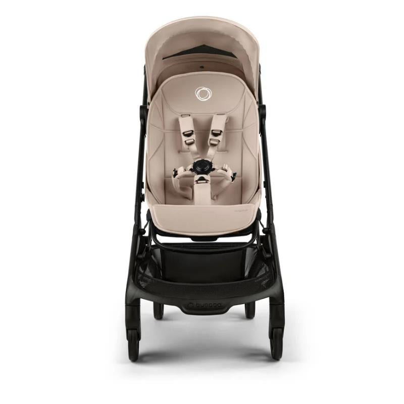 Bugaboo Butterfly 2 Plus Complete Stroller in Desert Taupe, featuring a padded seat, safety harness, and black frame.