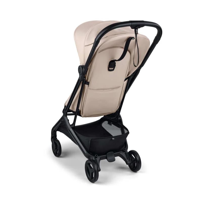 Bugaboo Butterfly 2 Plus stroller in Desert Taupe, showcasing its back view, black frame, and spacious storage basket.
