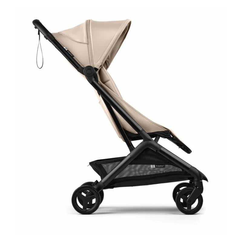 Bugaboo Butterfly 2 Plus Complete Stroller in Desert Taupe, featuring a sleek design with a black frame and adjustable canopy.