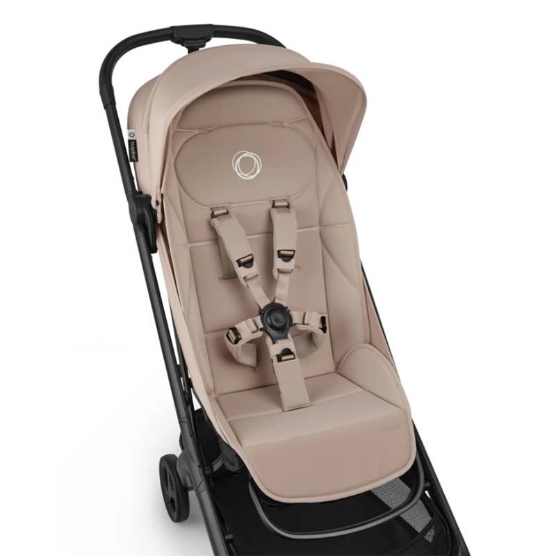 Bugaboo Butterfly 2 Plus Complete Stroller in Desert Taupe, featuring a padded seat with a safety harness and a sunshade.