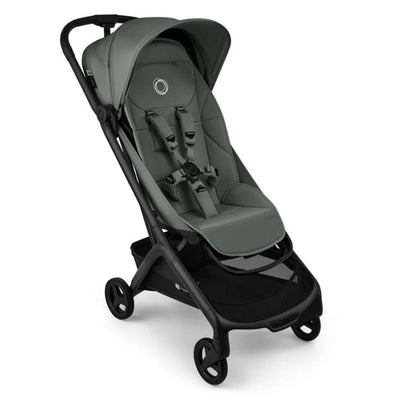 Bugaboo Butterfly 2 Plus Complete Stroller in Forest Green, featuring a padded seat, harness system, and a black frame with a storage basket.
