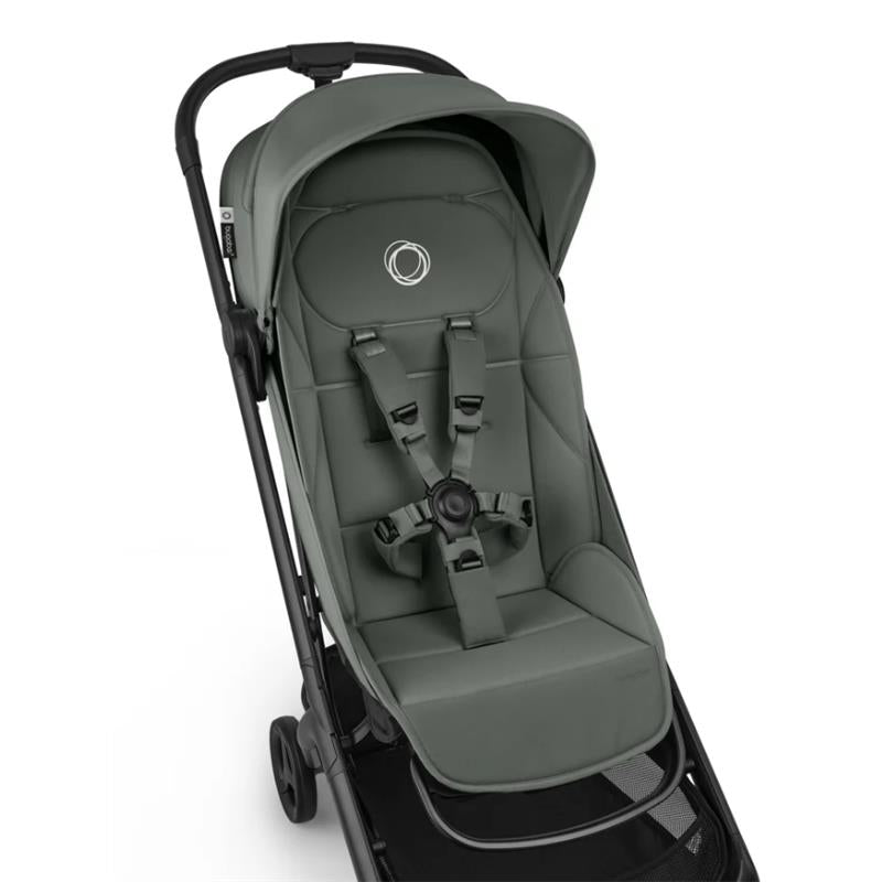 Bugaboo Butterfly 2 Plus Complete Stroller in Forest Green with a padded seat and harness system, showcasing its modern design.