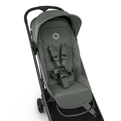 Bugaboo Butterfly 2 Plus Complete Stroller in Forest Green with a padded seat and harness system, showcasing its modern design.