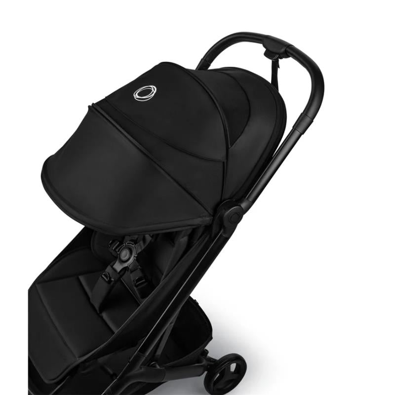 Bugaboo Butterfly 2 Plus Complete Stroller in Heritage Black, featuring a large hood and a comfortable seat with safety harness.