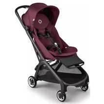 Compact stroller with a dark cherry seat and black frame, featuring a five-point harness and adjustable canopy.