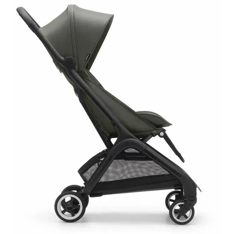 Compact Bugaboo Butterfly stroller in black and forest green, featuring a reclining seat and a mesh storage basket.