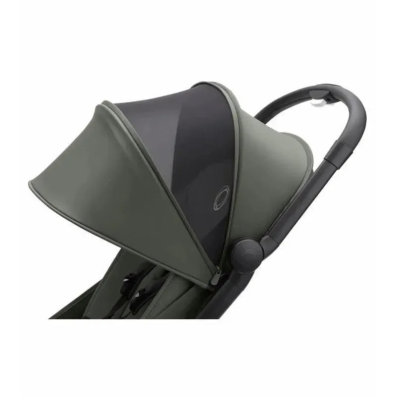 Compact Bugaboo Butterfly stroller in black and forest green with a protective canopy and adjustable handle.