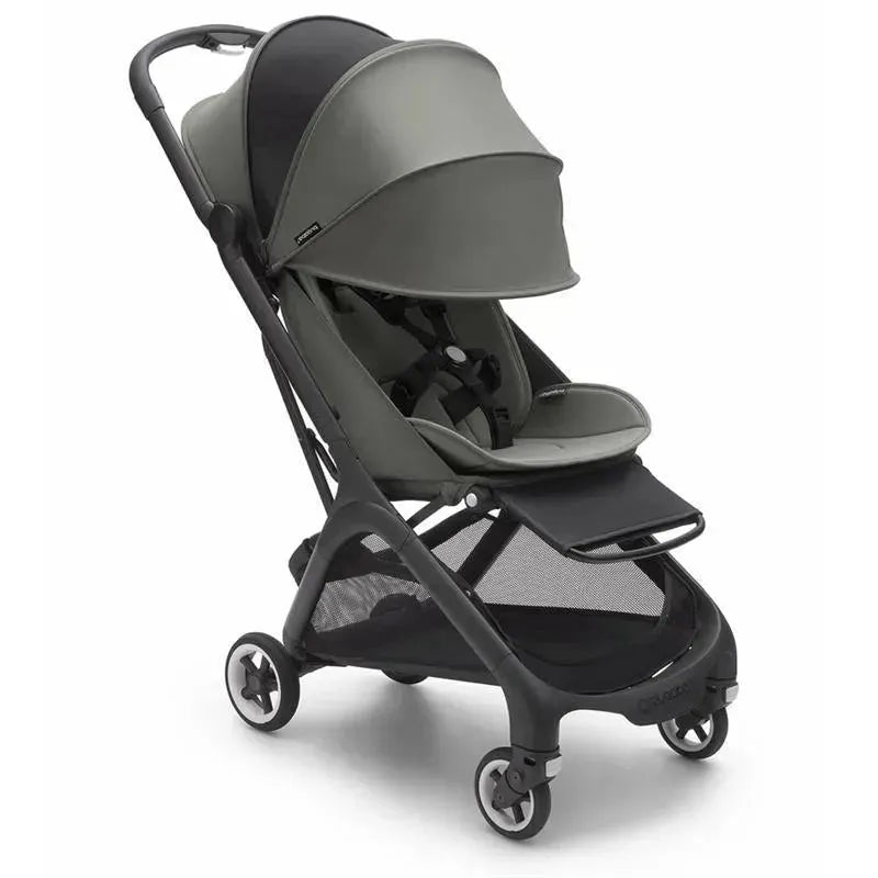 Compact Bugaboo Butterfly stroller in black and forest green, featuring a canopy, safety harness, and mesh storage basket.