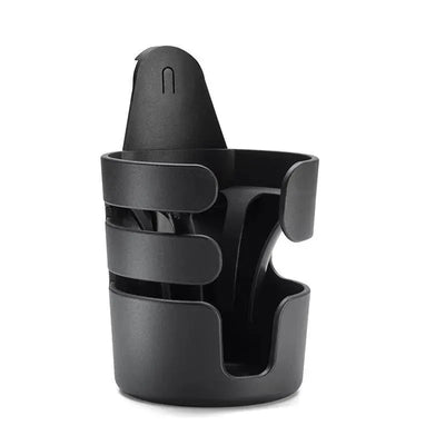 Black Bugaboo cup holder featuring a functional design with three grip segments for secure attachment to strollers.