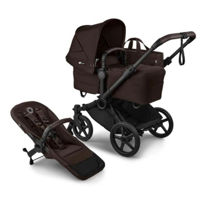 Bugaboo Donkey 6 Complete Stroller in black and cocoa brown, featuring a removable seat and bassinet attachment.