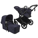 Bugaboo Donkey 6 Complete Stroller in Black/Deep Indigo featuring a stroller seat and a bassinet attached.