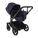 Bugaboo Donkey 6 Complete Stroller in Black and Deep Indigo, featuring a large canopy and spacious seat.