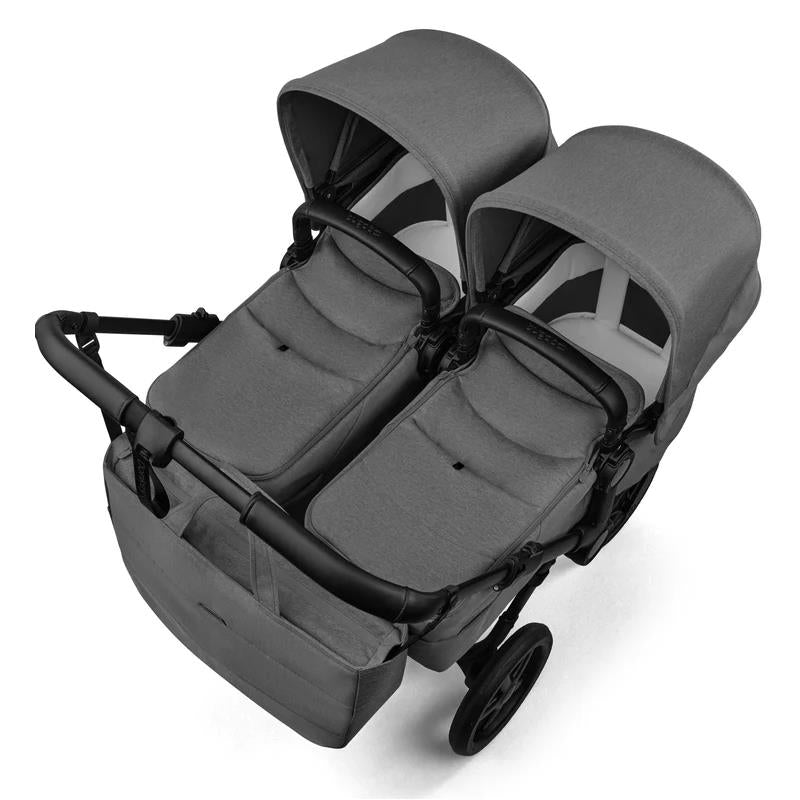 Bugaboo Donkey 6 Complete Stroller in Black/Moon Grey with two seats, adjustable canopies, and a storage bag.