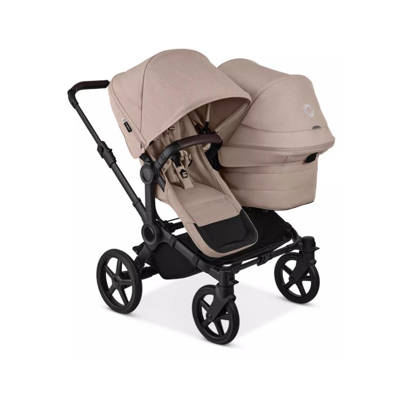 Bugaboo Donkey 6 Sibling Seat in Desert Taupe Melange, featuring two seats with adjustable hoods and a black frame.