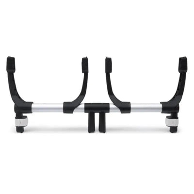 Bugaboo Donkey Twin Car Seat Adapter for Turtle/Nuna/Maxi-Cosi, featuring a silver aluminum frame and black supports.