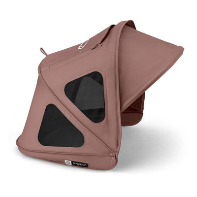 Breezy sun canopy in dusty pink with ventilation panels and built-in mosquito net for Bugaboo strollers.